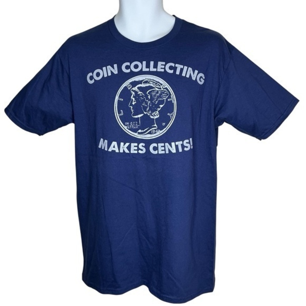 Port and Company Tee Shirt Coin Collecting Makes Cents Blue Short Sleeve Top